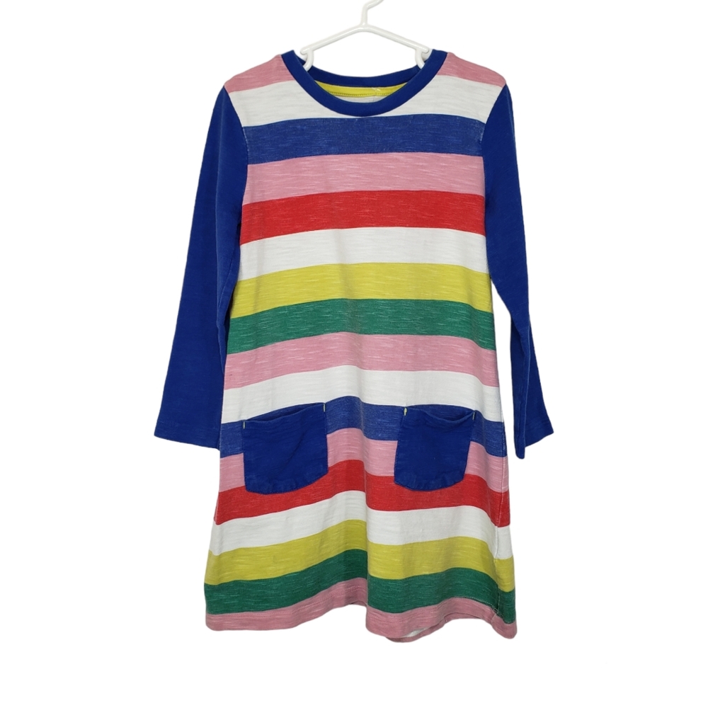 Mini Boden Girls Stripe A Line Long Sleeve Dress With Pockets Size 5-6Y